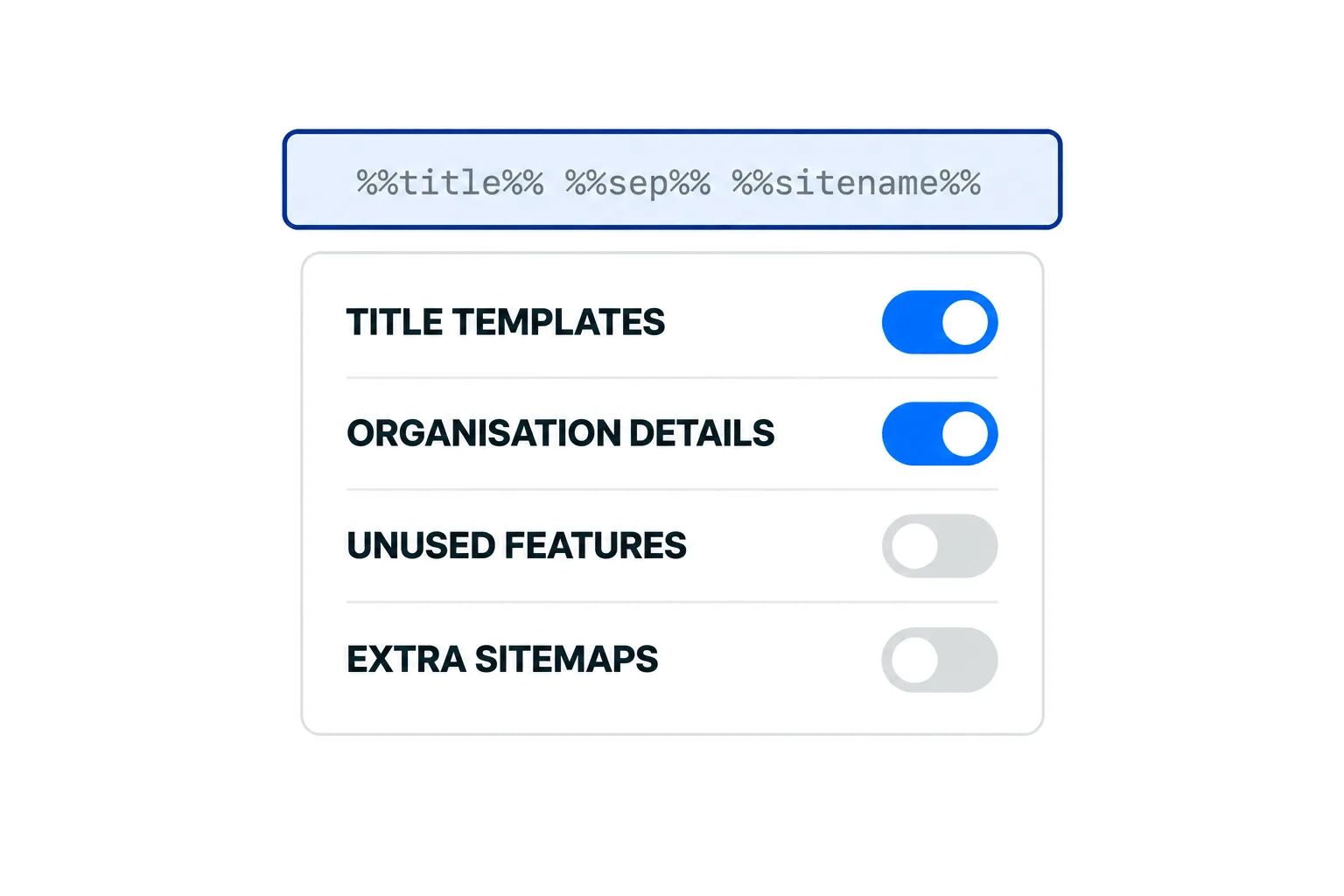 A settings panel with title templates and organisation details switched on, unused features and extra sitemaps switched off, above a title template pattern.